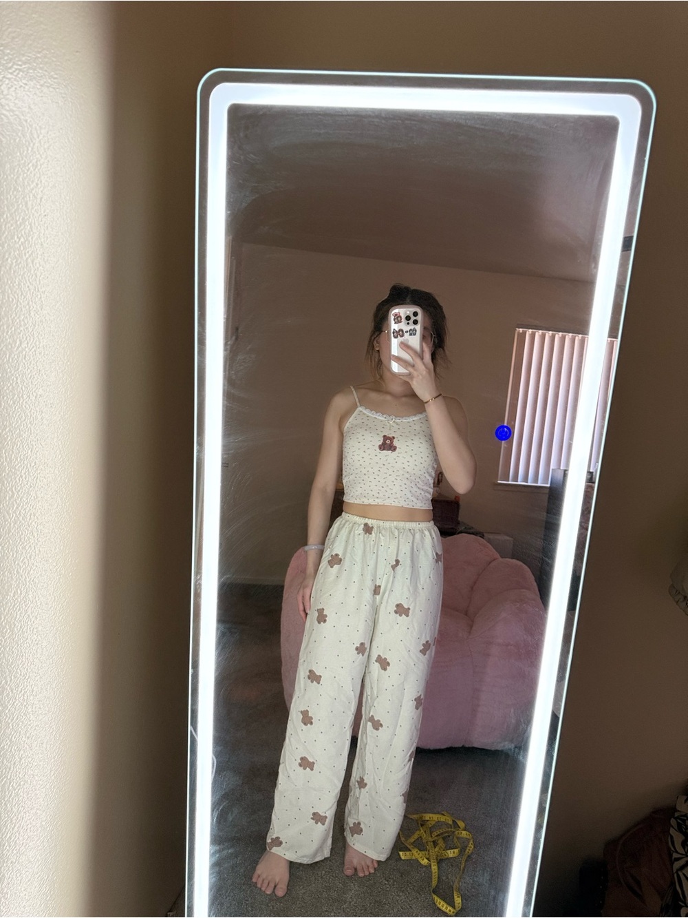 Cream Teddy Print Casual Pyjamas